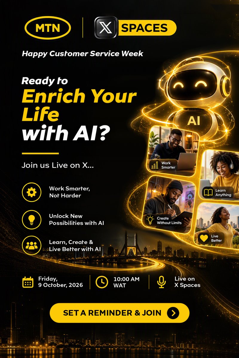 MTN180's tweet photo. Yโello!
Are you ready for a Customer Service Week treat?
Join us this Friday, 9th October, at 10 am as we go โThe Extra Mileโ together with AI.
Donโt miss this special edition for anything! ๐๐๐บ๐๐
#CSW2026
#TheExtraMile
#LiveIt๐ฏ