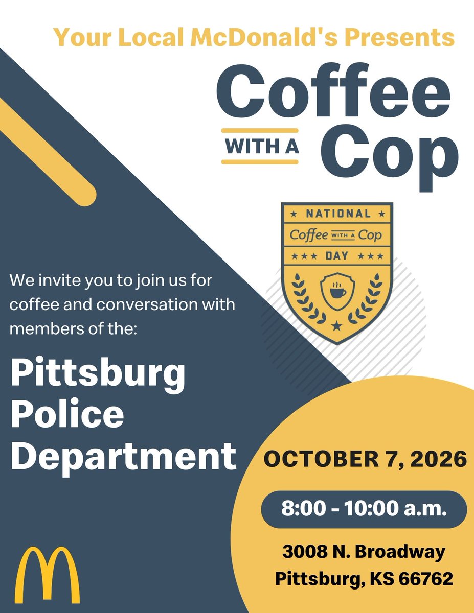 PittPD's tweet photo. Join the Pittsburg Police Department tomorrow at McDonald’s on North Broadway for coffee, conversation, and community. https://t.co/KAO95elwKh