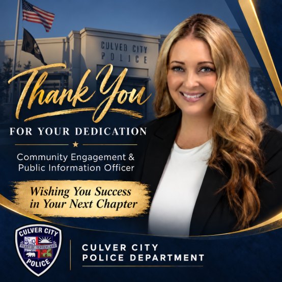 Culver_cityPD's tweet photo. Today, we want to recognize and thank our Community Engagement and Public Information Officer, Jennifer Atenza, for her outstanding service to the Culver City Police Department and our community.

Through her dedication, she played an important role in strengthening the connection between CCPD and the community we serve. Whether coordinating community events, sharing important information, or highlighting the great work of our department, she always provided the highest level of service and professionalism.

We are grateful for everything Jennifer has contributed to our department and wish her nothing but success as she begins her next chapter.

Thank you for your dedication to CCPD and the Culver City community. You will be missed!