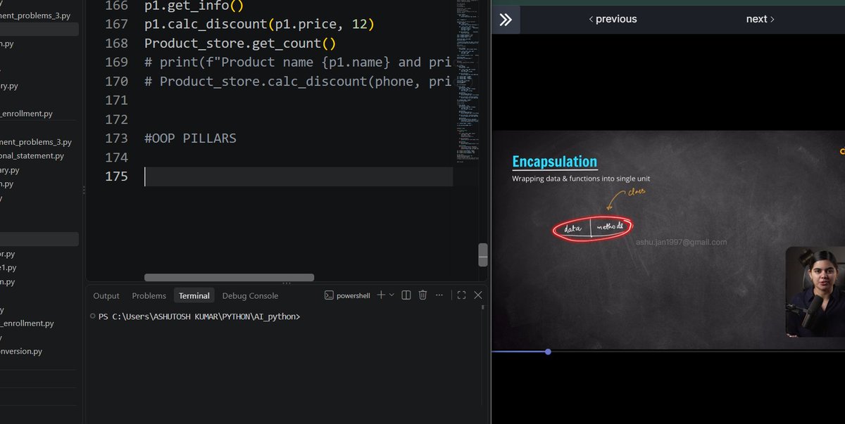 codeak07's tweet photo. Day 35 🚀

Today I went deeper into OOP in Python:
→ Classes, Objects &amp; Instances
→ Encapsulation: Public, Private &amp; Protected
→ Basic understanding of Inheritance
Slowly connecting the concepts and building a stronger OOP foundation. 🐍💻
#Python #OOP #CodingJourney #100Days https://t.co/dsZSBN37oN
