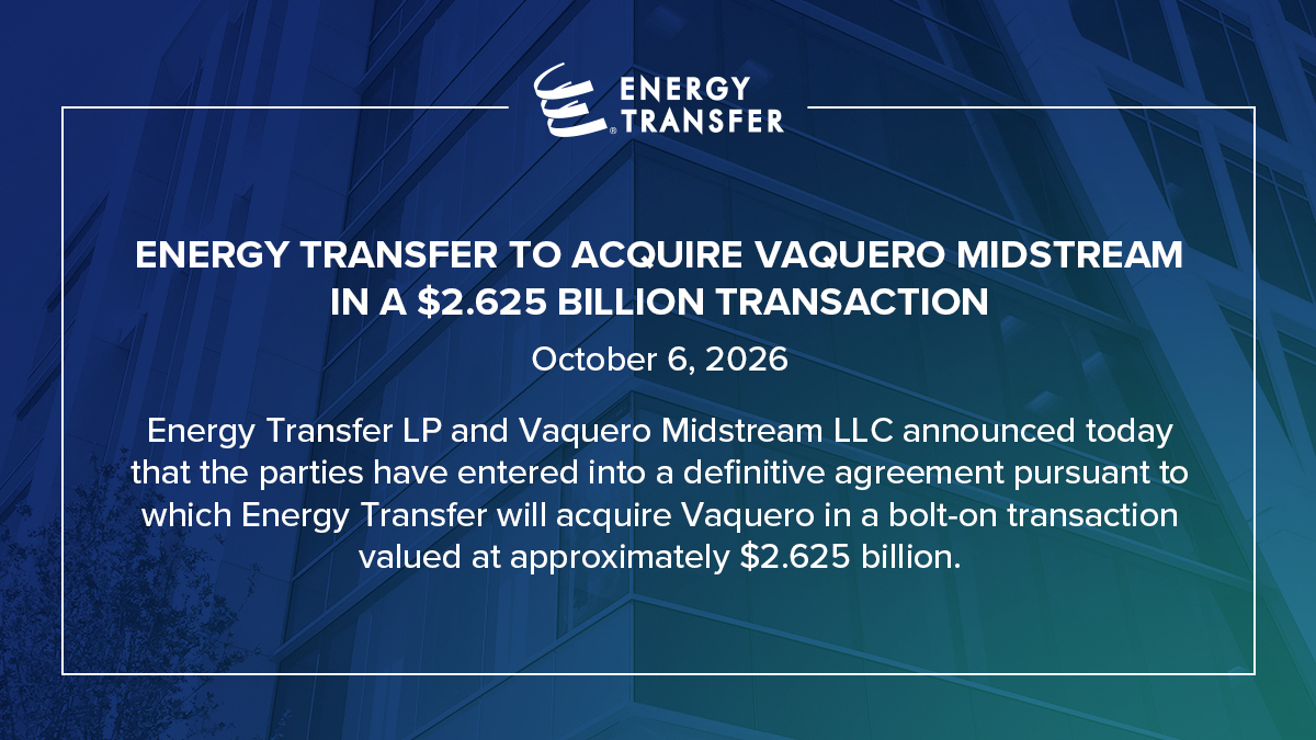 EnergyTransfer's tweet photo. Press Release: https://t.co/80WSpDlTDs
Energy Transfer will acquire Vaquero Midstream LLC, which will expand and enhance Energy Transfer’s integrated natural gas gathering and processing network. The acquisition is expected to close in the 4th quarter 2026, subject to regulatory approval and customary closing conditions.