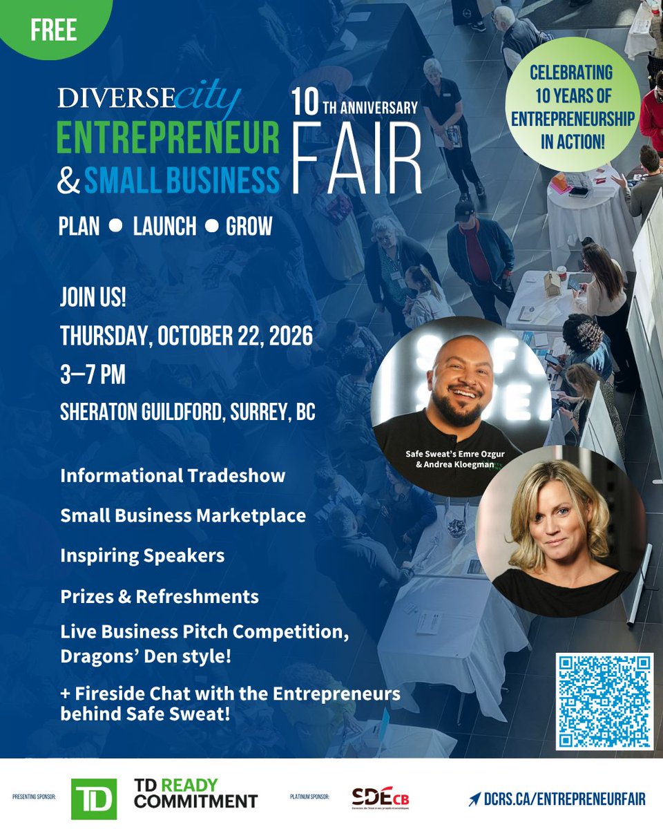 DIVERSEcityBC's tweet photo. Join us for the 10th annual DIVERSEcity Entrepreneur &amp; Small Business Fair, October 22, 3–7 pm! Learn from exhibitors and inspiring speakers, while connecting with other local entrepreneurs, including the founders of Safe Sweat! Register: https://t.co/SXSZCqmZvY https://t.co/mM0sh0ecNo