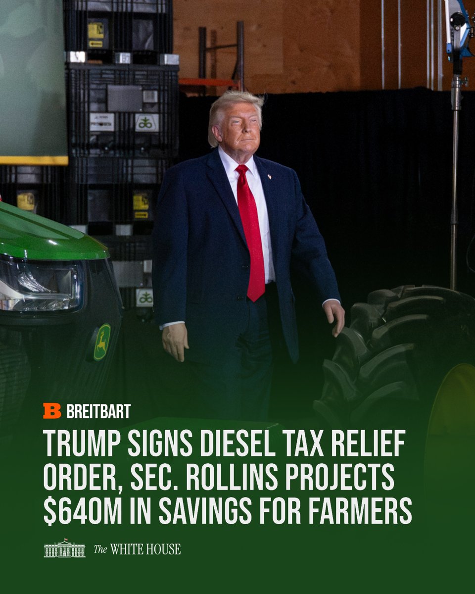 WhiteHouse's tweet photo. President Trump is fighting to make diesel prices more affordable.

His EO on expanding red-dyed diesel and providing federal tax relief will save hundreds of millions for farmers, putting more money back in Americans pockets. 🇺🇸 https://t.co/D1C2pmiK07