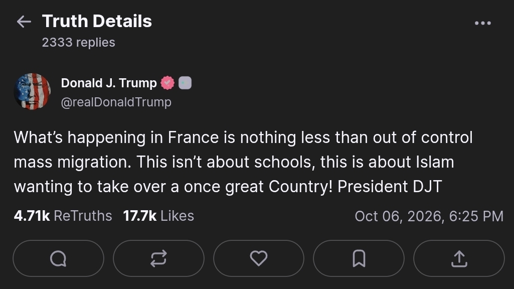 YossiBenYakar's tweet photo. Trump just posted on his social media about what is happening in France. Immigration destroyed Europe. Only strong leaders can save it now. https://t.co/aVhYXzvjVN