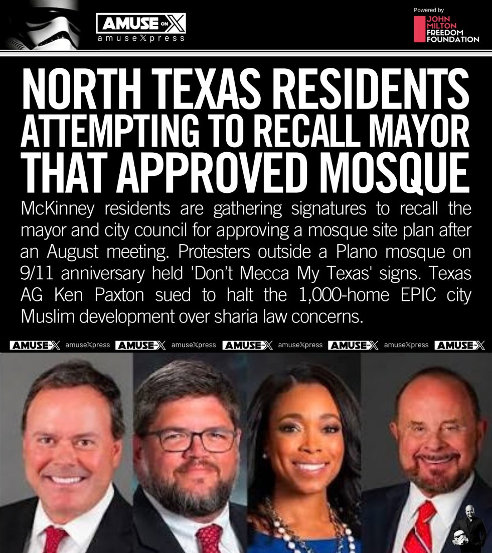 amuse's tweet photo. ISLAMIZATION: Texans are pushing back against politicians enabling the Islamists. Cornyn was their first casualty. Now they're going after McKinney's mayor and city council for approving a mosque.