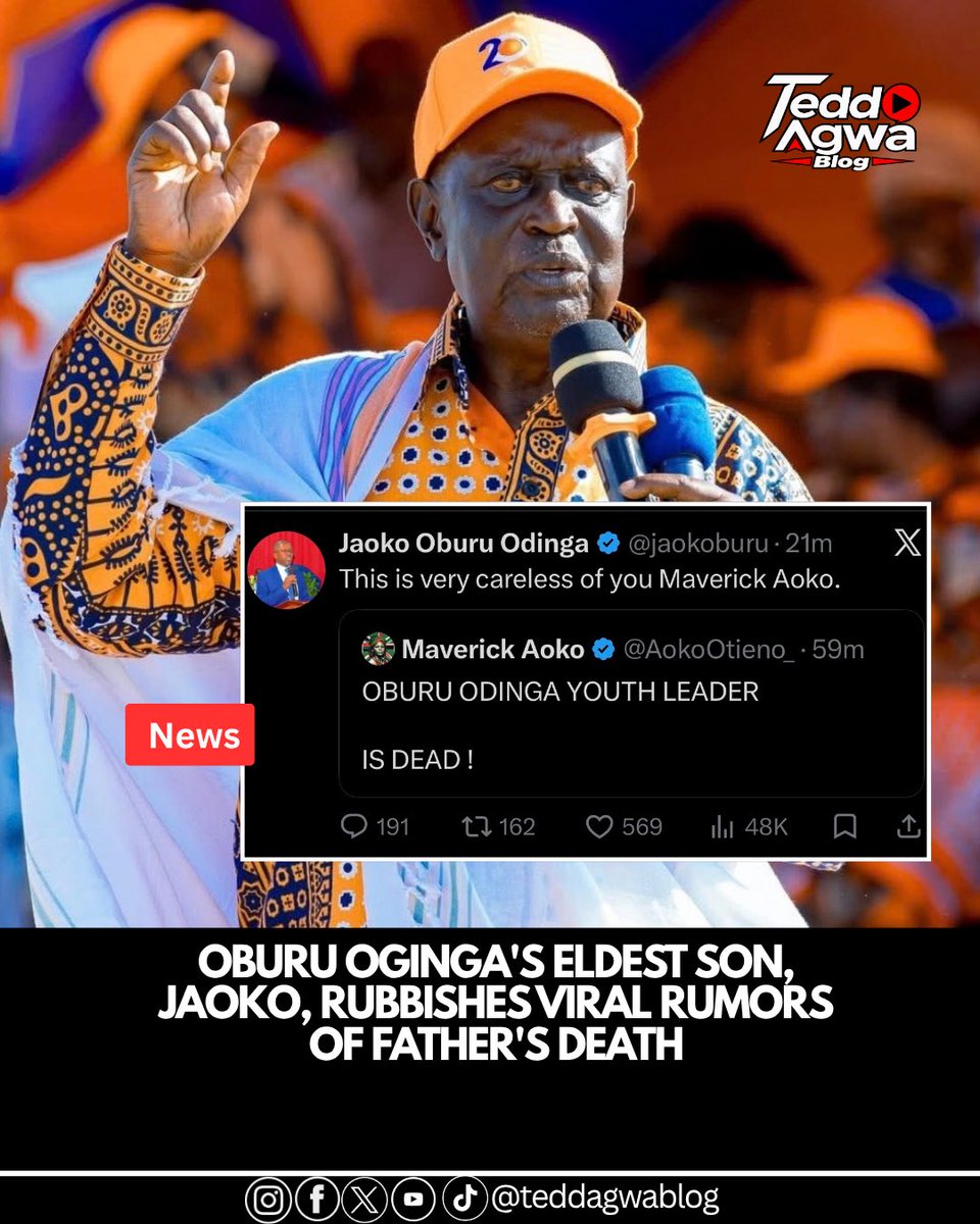Teddagwa's tweet photo. Oburu Oginga's eldest son, Jaoko, rubbishes viral rumors of father's death.
#oburuoginga https://t.co/vK7eXo9lwj