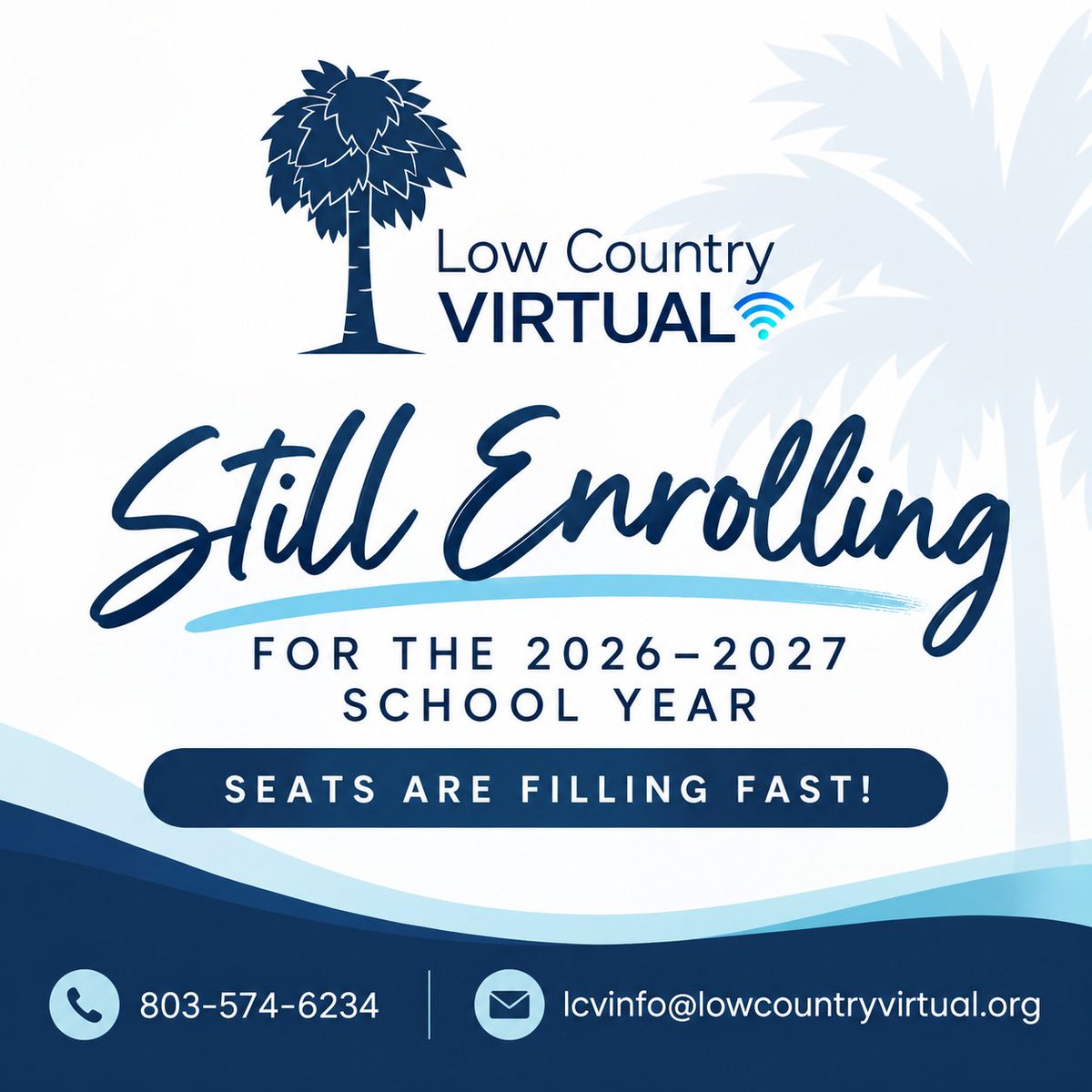 LCVirtualSchool's tweet photo. There’s still time to join us! 💙🌴 Low Country Virtual is still enrolling for the 2026–2027 school year, but seats are filling fast!
Learn from home. Stay connected. Thrive virtually!

#OnlineLearning #LCVLeads #LowCountryVirtual https://t.co/uRG9SOqa6M