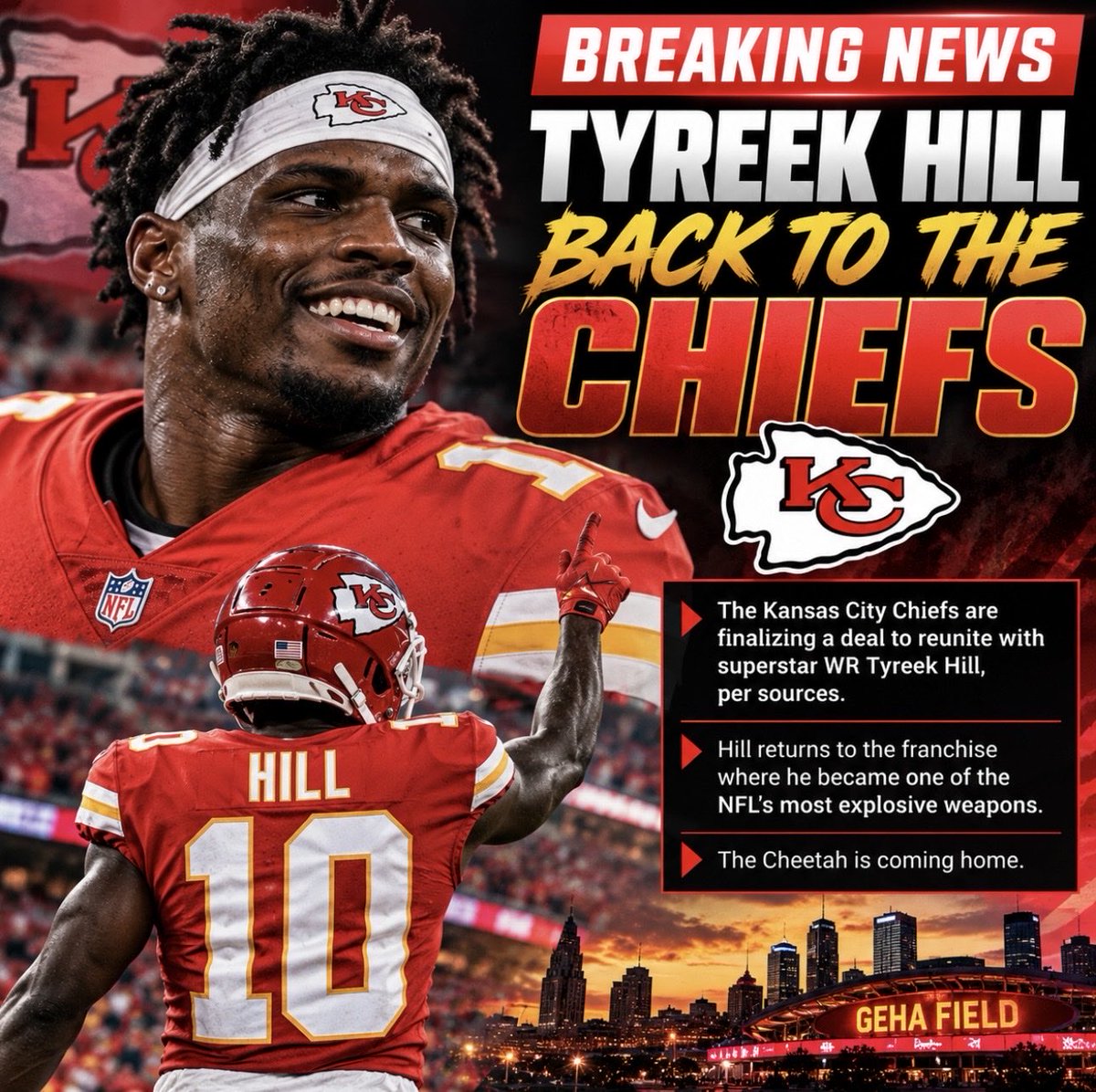 JackFletcherNFL's tweet photo. 🚨 BREAKING: TYREEK HILL IS HEADING BACK TO KANSAS CITY.

The Chiefs are finalizing a 1 year deal to reunite with superstar WR Tyreek Hill, per sources.

Hill returns to the franchise where he became one of the NFL’s most explosive weapons — and reunites with Patrick Mahomes in Kansas City.

The Cheetah is coming home. 🐆

#ChiefsKingdom #Chiefs #NFL