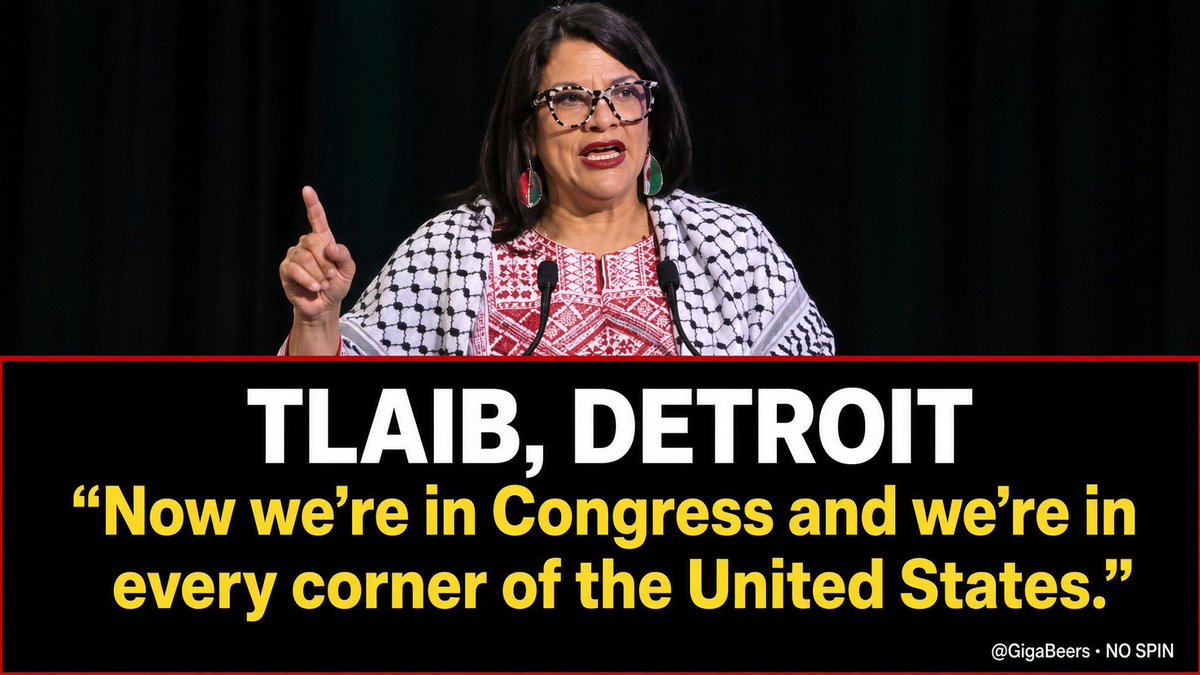GigaBeers's tweet photo. Tlaib in Detroit just said the quiet part out loud. “Now we’re in Congress and we’re in every corner of the United States.”

A sitting member of Congress. On American soil. Read that again. https://t.co/N1zyztikBt
