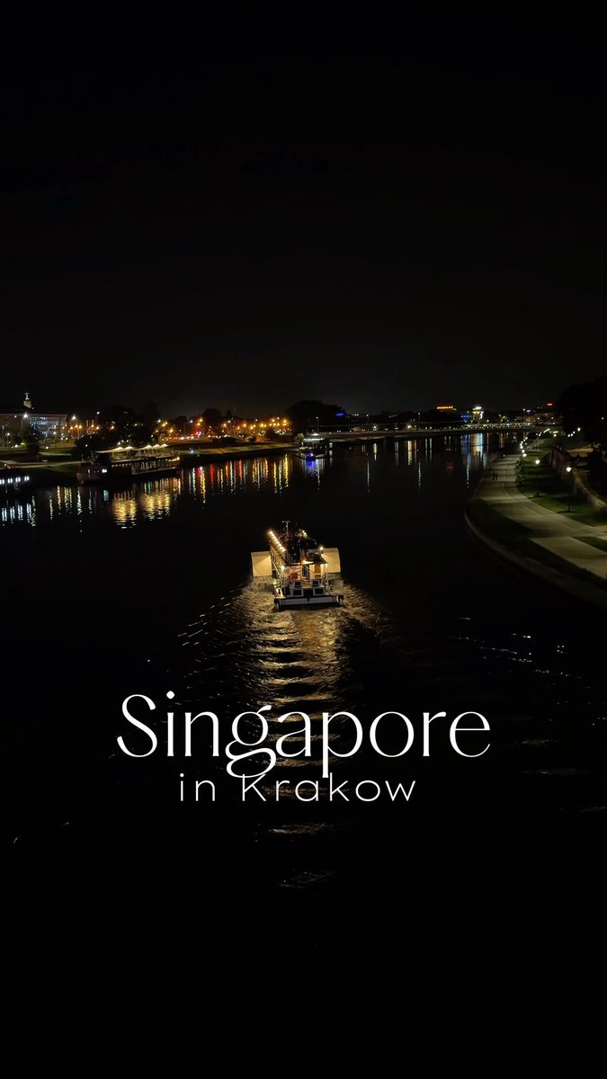 A nighttime view shows an illuminated boat on a river in a city, with the text "Singapore in Krakow" overlaid on the image.