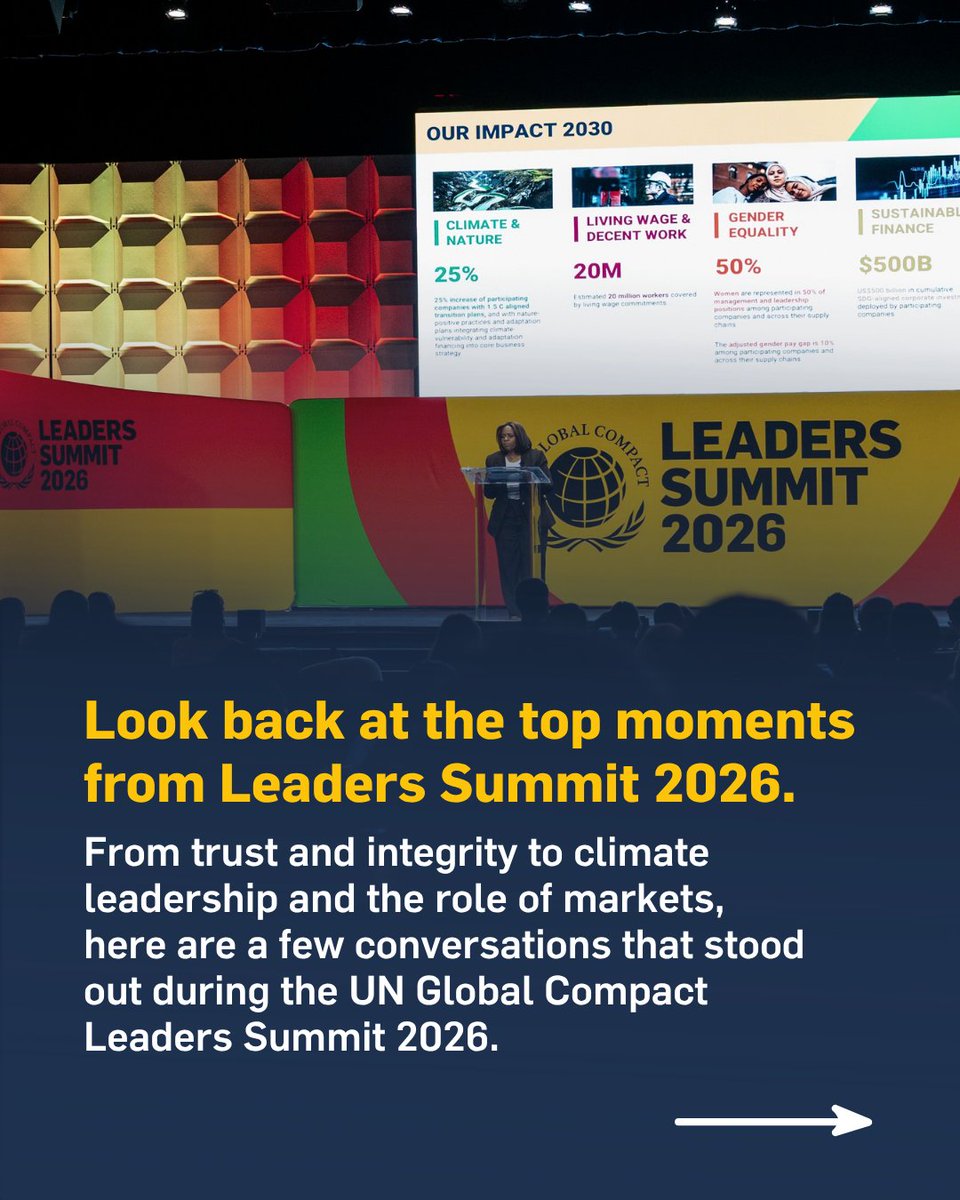 globalcompact's tweet photo. Looking back at #LeadersSummit2026.

From trust and integrity to climate leadership, resilient business and the role of markets, swipe through for the key moments and ideas that shaped two days of exchange.

The work continues.

#ForwardFaster #CollectiveAction #SDGs #UNGA81 https://t.co/uHMb1NQFYo