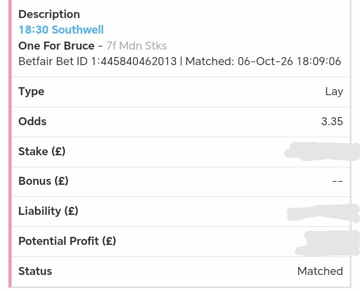 LAYNGFAV's tweet photo. Horses

⏰1830
📍STH - LAY ONE FOR BRUCE WIN

"Decent debut, I'm amazed ENGRAVED isn't fav. More than a 2 horse race with plenty of dangers in here, upped in trip ONE FOR BRUCE will need to settle much better, on balance of draw, run style opposable".

@ 3.35

➡2u WIN/4.7u RISK https://t.co/Ci8nEuQbDz