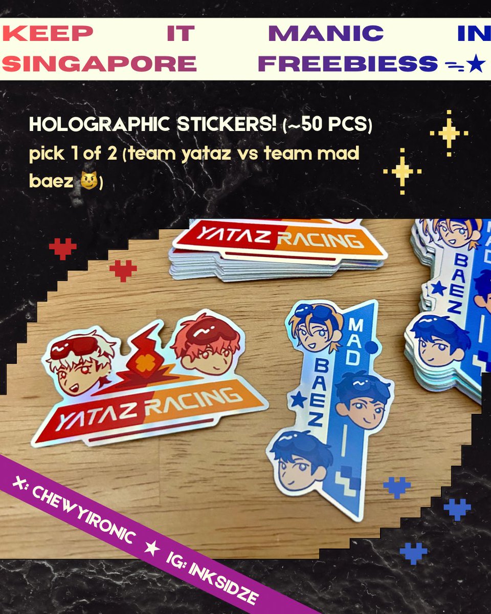 chewyironic's tweet photo. ᯓ★ 🇸🇬 KEEP IT MANIC SG freebies ᯓ★

holo stickers for the new album 🏁 gonna be giving these out at the con!! can’t wait yippee

#KEEP_IT_MANIC_in_Singapore
#2026_PLAVE_World_Tour_in_Singapore
#KeepItManicSg #PLAVE https://t.co/cDaeb4IJMA