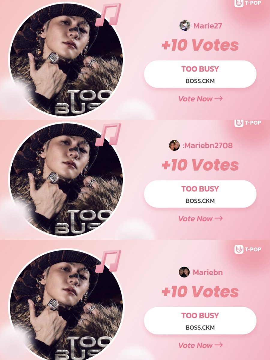 Marie_bn2708's tweet photo. 🚨Tpop week 3 - day 7🚨

Let's get a good ranking for TOO BUSY💪🏻

Please stream on YouTube and Spotify ✌🏻

😈https://t.co/0dvIAGUriJ

🎧https://t.co/VylkCc4AZN

#TOOBUSY_BOSSCKM
#BOSSCKM #Bosschaikamon

📸 thethreetimer https://t.co/8jfWjzeiG0