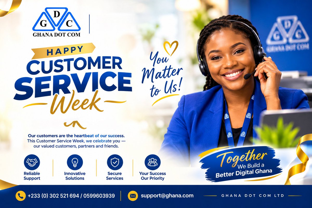 Ghanadotcomltd's tweet photo. Happy Customer Service Week!
Every call, chat, and visit reminds us why we do what we do.
Thank you for choosing Ghana Dot Com Limited
#HappyCustomerServiceWeek #HappyCustomer
#EveryWeekIsCustomerServiceWeek https://t.co/NmzEMsP4an