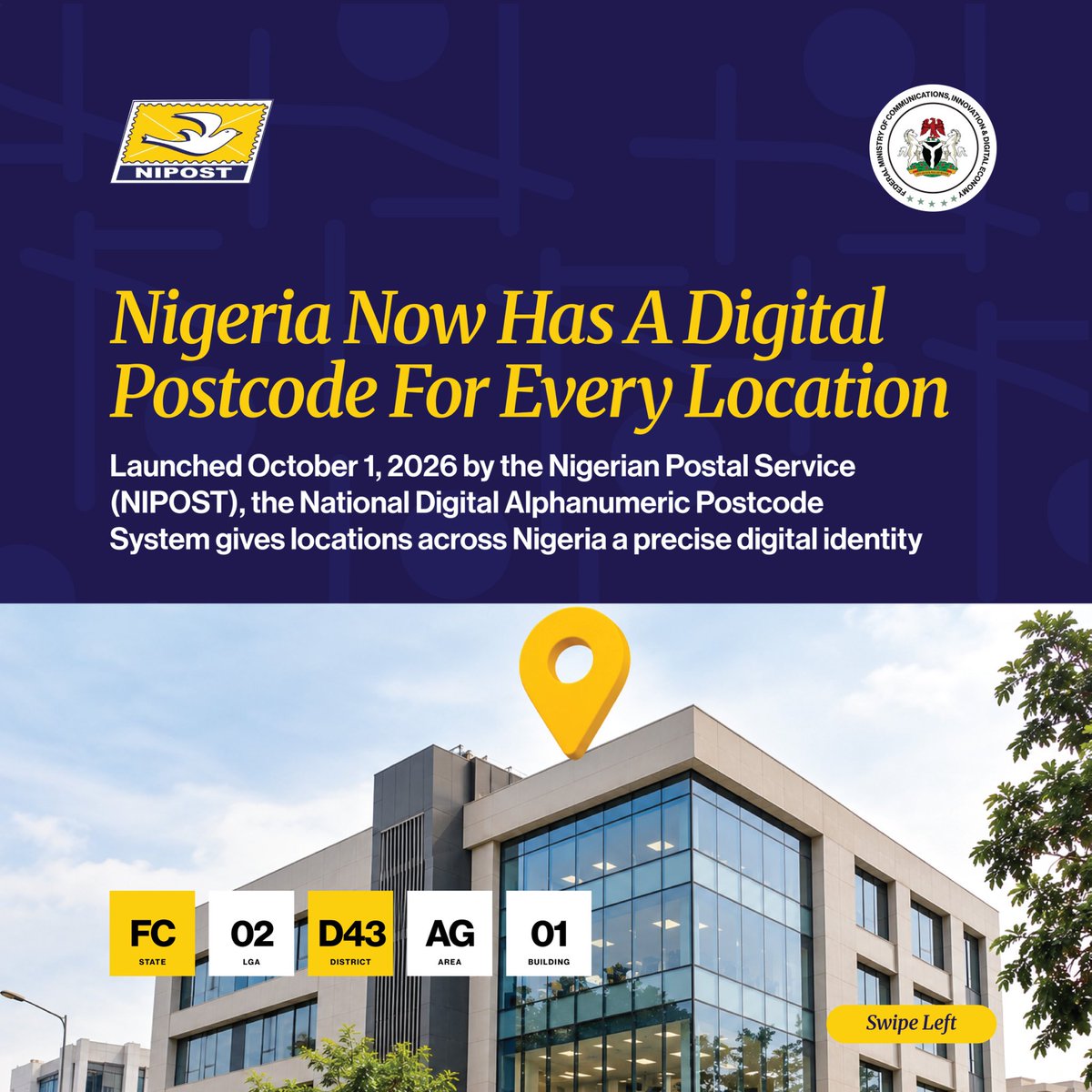 FMCIDENigeria's tweet photo. Nigeria now has a national digital addressing system giving every location a precise digital identity.

The National Digital Alphanumeric Postcode System, will make it easier to find people, businesses, improve emergency response and access to location-based services. https://t.co/L8kFMtf2B0