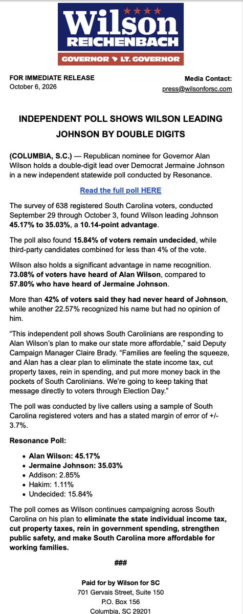 BradyClaire13's tweet photo. Less than a month out and @AGAlanWilson has all the momentum.

✅On air with his first General Election ad
✅Continuing to dominate in the polls
✅Killer fundraising numbers (stay tuned👀)
✅Locked and loaded for the debate stage tonight https://t.co/M82mZqjmRa