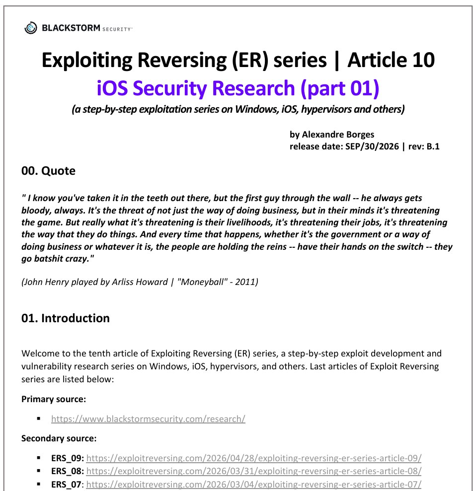 ale_sp_brazil's tweet photo. As I promised, Exploiting Reversing (ER) series: article 10 | iOS Security Research (part 01) is available on my blog now:

https://t.co/Y84wnZJxka

The primary source for new articles is https://t.co/VlebcByqKG, but articles will continue to be published on my blog with a one-week delay.

Enjoy the reading and have an excellent day.

#iOS #VulnerabilityResearch #ExploitDevelopment #ReverseEngineering #KernelSecurity