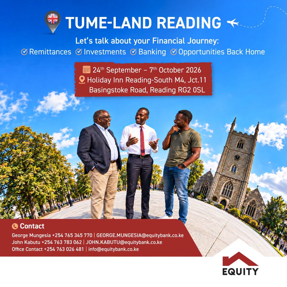 RadioCitizenFM's tweet photo. Equity wanaland UK!

Kutana na timu ya Equity nchini UK kuanzia tarehe 24 Septemba hadi 7 Oktoba katika Holiday Inn Reading-South M4, Jct. 11, Basingstoke Road, Reading RG2 0S.

Equity iko ground. Karibu Member!
#EquityDiaspora @KeEquityBank https://t.co/slR1GbEDHF