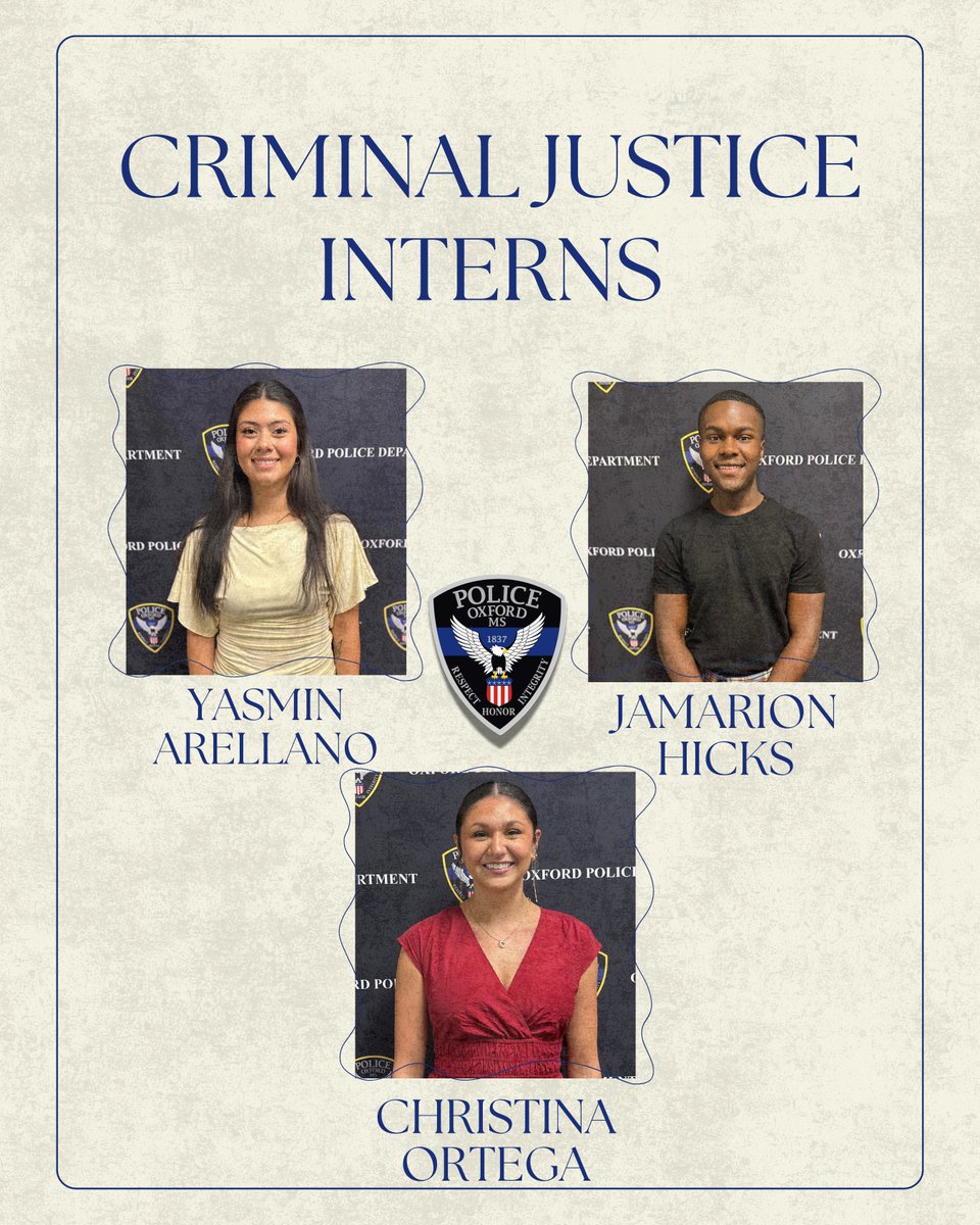 OxfordPolice's tweet photo. Please join us in welcoming our Criminal Justice interns for the fall semester! ๐ฎ๐
Weโre proud to invest in the future of public safety. ๐
#OxfordPD #SafeAndConnected #WisdomAndCompassion https://t.co/MKOFeryV3T
