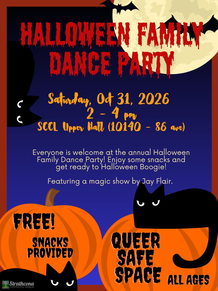 StrathconaCL's tweet photo. Halloween Family Dance Party!

Everyone is welcome at the annual Strathcona Halloween Family Dance Party!
Featuring Magician, Jay Flair.

This event is a Queer safe space for all ages and all gender expressions!

Sat, Oct 31
2 - 4 pm
SCCL Upper Hall
10140 - 86 ave
Free
Snacks https://t.co/ivfkDTYOco