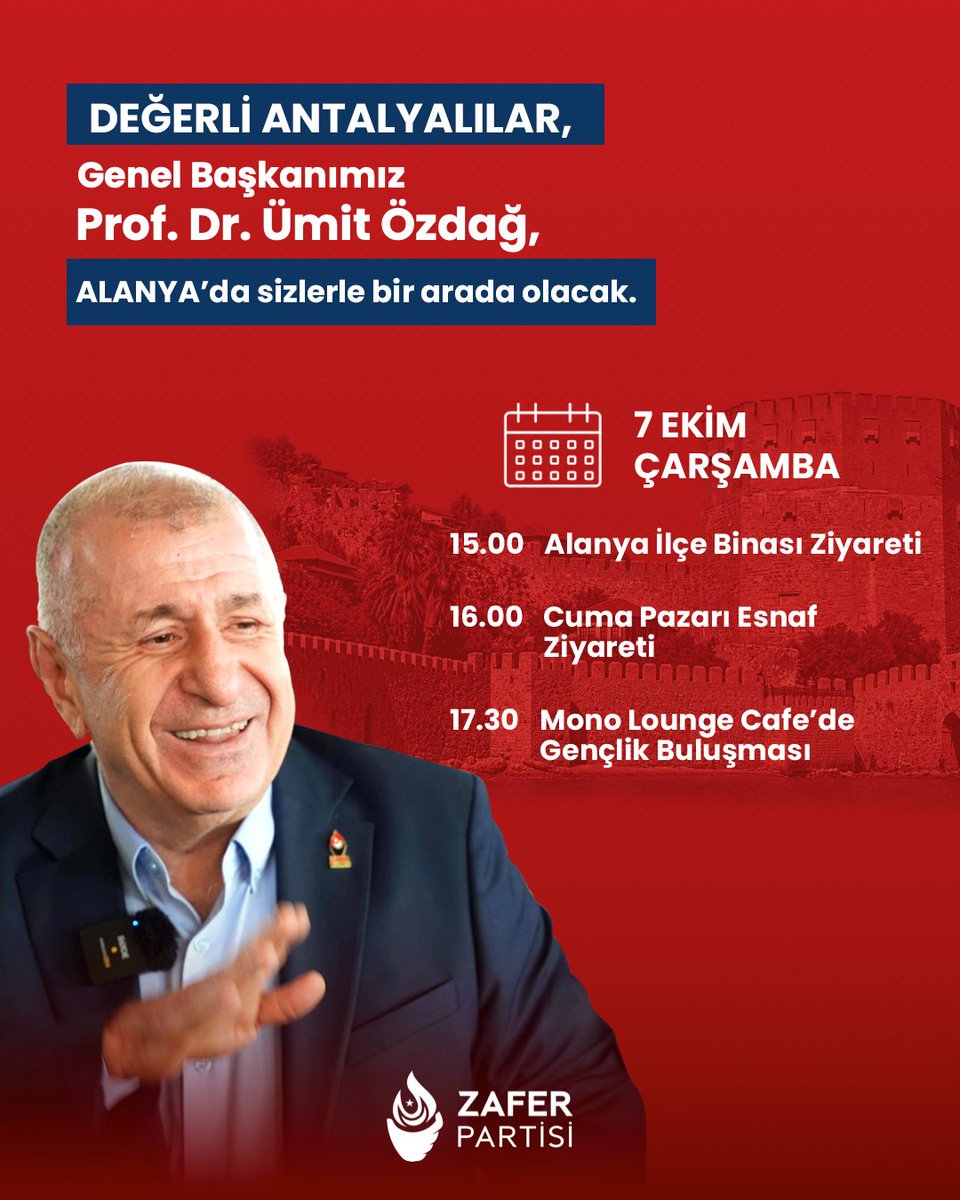 umitozdag's tweet photo. Değerli Alanyalılar yarın (07 Ekim Çarşamba) Alanya'da sizlerle bir arada olacağım.

15.00 — Zafer Partisi Alanya İlçe Başkanlığı Ziyareti
16.00 — Cuma Pazarı Esnaf Ziyareti
17.30 — Mono Lounge Cafe’de Gençlik Buluşması https://t.co/uNUbYnYsAe