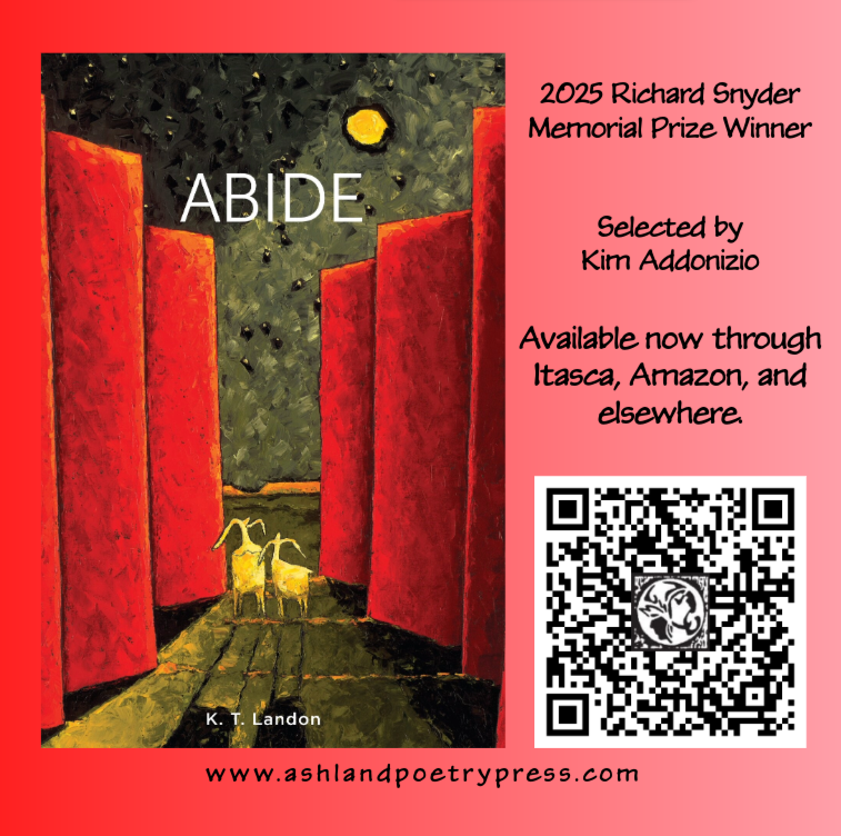 ashlandpp's tweet photo. Congratulations to K.T. Landon, whose debut, ABIDE, was Best Seller an Itasca Best Seller in Sept!

How exciting!

ABIDE is available at @BookmobilePrint &amp; parts beyond.

#ktlandon #poetry #poetrycommunity #readmorepoems #poem #bestsellers #itasca #CLMP #abide #ashlandpoetrypress https://t.co/Re2t95dUG4