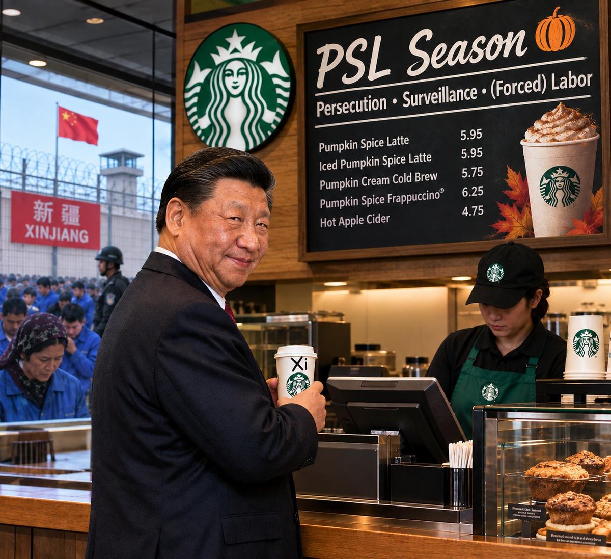 ChinaSelect's tweet photo. Obviously, the signs in a @Starbucks in China would not be in English, but the tragedy in Xinjiang is very real. The CCP is murdering Uyghurs, stripping them of their faith, holding them in detention camps, surveilling them 24/7, and forcing many of them into slave labor. Last week, @Starbucks opened stores in Xinjiang, whitewashing the CCP’s genocide. It should immediately reverse this decision and close its stores in Xinjiang.