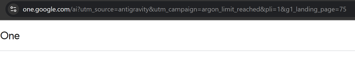 Google One upgrade page URL showing argon_limit_reached in the Antigravity-related purchase flow