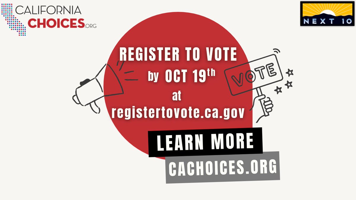 Next10's tweet photo. Monday 10/19 is the last day to register to vote online before election day in California to ensure that you get your ballot in time for the Nov. 3rd General Election!

Register to Vote: https://t.co/WmDtlWHSiy Learn More: https://t.co/yPNy3ZV78V
#CAElection #GOTV https://t.co/GbBepoP0s9