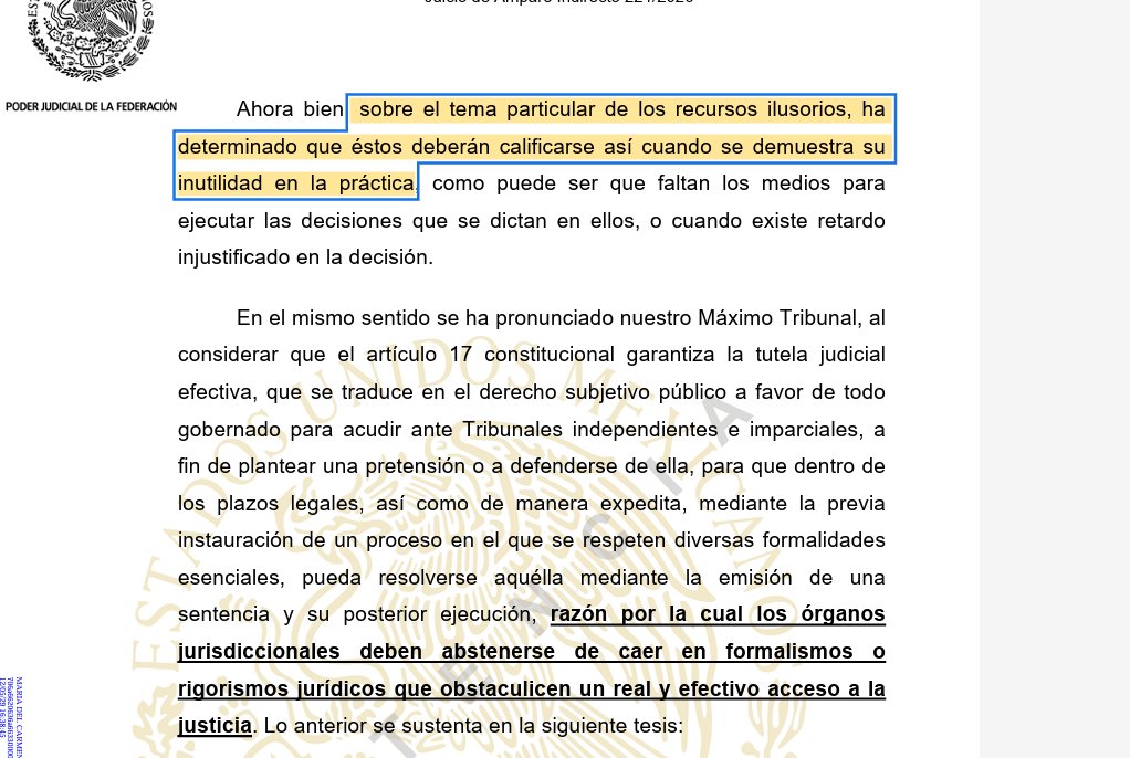 darioangeles's tweet photo. Hace un par de años que tenemos una sentencia que no se ha podido cumplir. 
En esta última ocasión alegamos, en amparo indirecto, que una sentencia no cumplida viola el derecho de acceso a la justicia, pues ello hace del proceso jurisdiccional algo inservible. 
El Juzgado nos concede el amparo por considerar que, en efecto, la falta de cumplimiento de la sentencia hace de la instancia un recurso ilusorio.