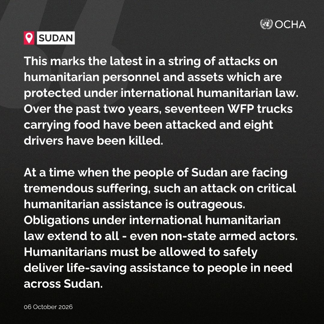 UNOCHA_Sudan's tweet photo. Statement by the United Nations Resident and Humanitarian Coordinator in Sudan, Denise Brown, on the most recent attack on a humanitarian convoy. https://t.co/0MR8GPD7vL