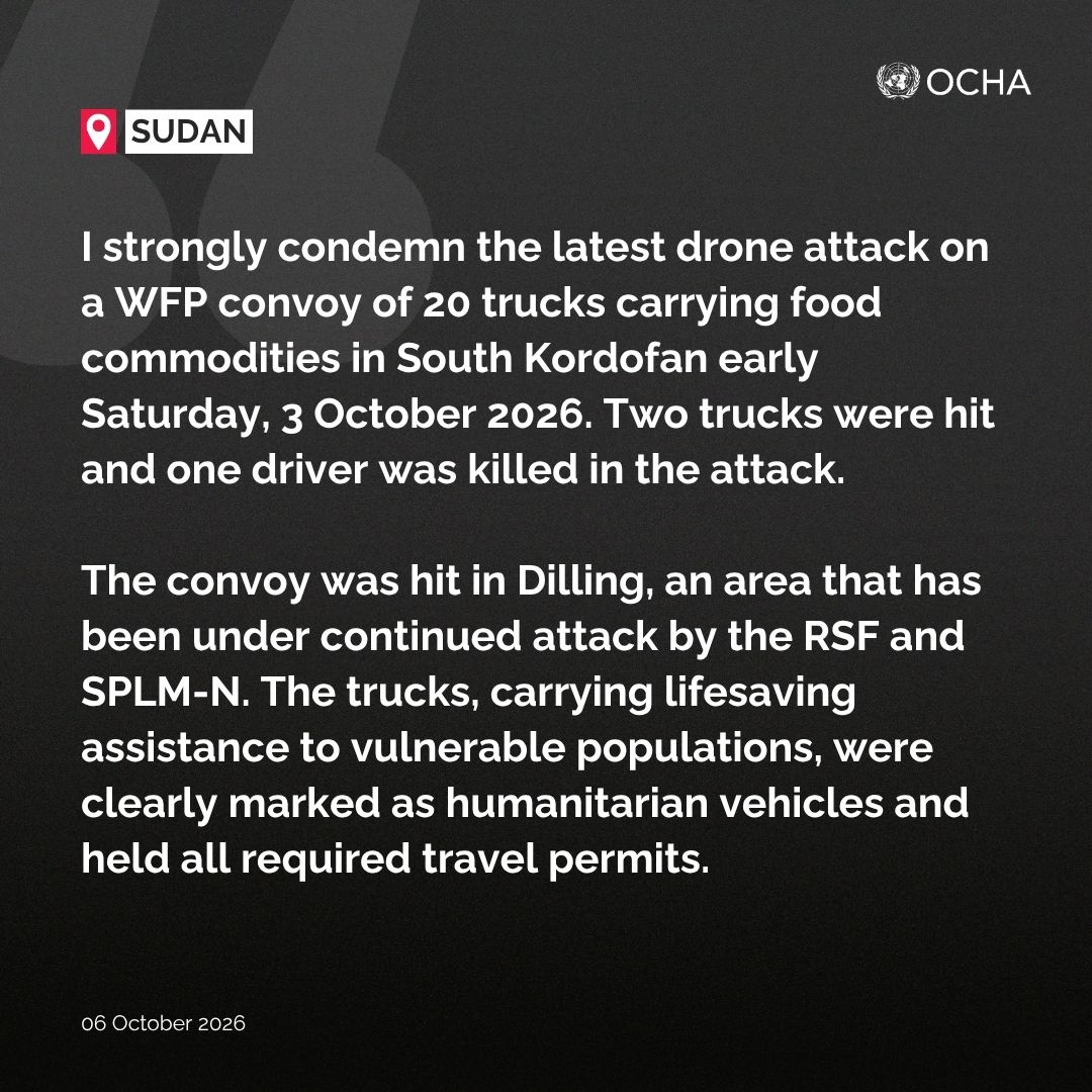 UNOCHA_Sudan's tweet photo. Statement by the United Nations Resident and Humanitarian Coordinator in Sudan, Denise Brown, on the most recent attack on a humanitarian convoy. https://t.co/0MR8GPD7vL