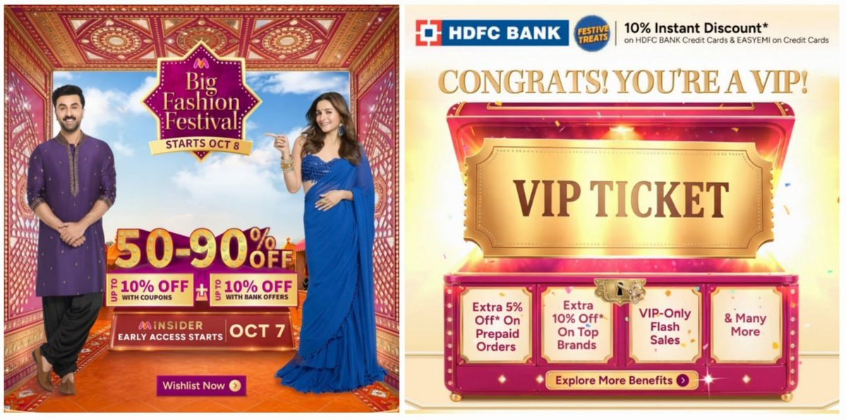 TechEarnTips's tweet photo. Myntra : Big Fashion Festival Starts Tonight 12 AM For Insider / VIP Pass Members.

https://t.co/I6XFVJdE6O

24 Hours Early Access for Myntra Insider / Vip Users.

Buy VIP Pass at ₹9/ ₹19 : 
https://t.co/cKQpaYyvxf 

Apply Coupon : VIPINSIDER10 (For Insiders) https://t.co/4qxpVpw9iw