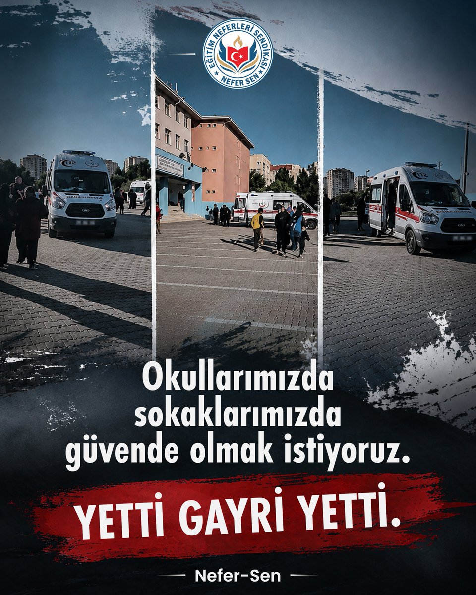 nefersendika's tweet photo. Okullarımızda, sokaklarımızda güven istiyoruz! Öğrencilerimizin, öğretmenlerimizin ve tüm vatandaşlarımızın can güvenliği için gerekli önlemler artık alınmalı. Ambulansların ve acil sağlık hizmetlerinin yetersizliği kabul edilemez. #YettiGayri #NeferSen #egitim #okulsaldırısı https://t.co/3gZwNQmC5F