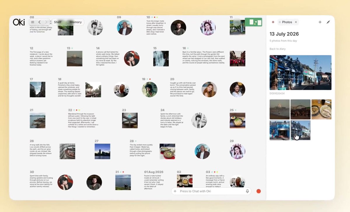 PrincesahFlyer's tweet photo. Scrolling back to July 13, 2026 in this demo and seeing every photo paired with a clear summary shows how the Oki Home Personal AI Computer brings daily memories together automatically. https://t.co/Uic2BYkrB2