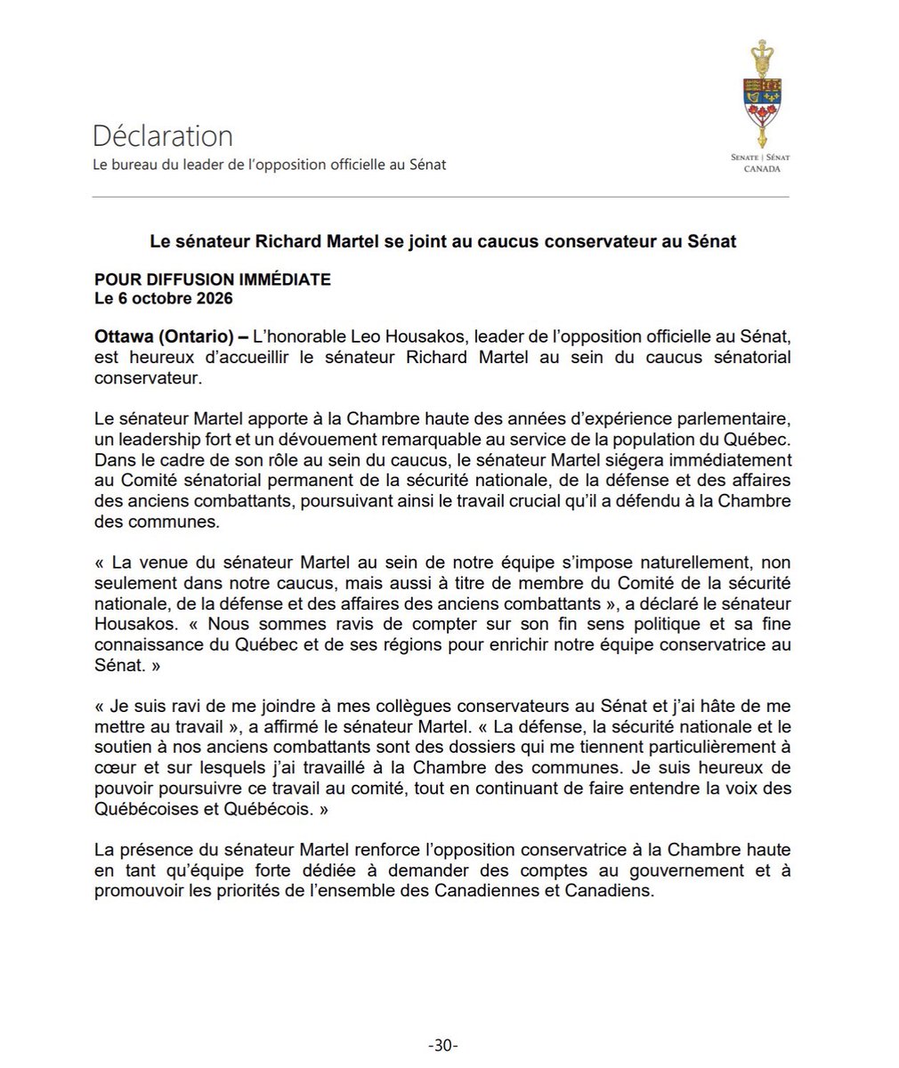 SenatorHousakos's tweet photo. 🚨 DERNIÈRE HEURE

Je suis heureux d’accueillir le sénateur @richardmartelpc au sein du caucus conservateur du Sénat. https://t.co/0ENx9zu726