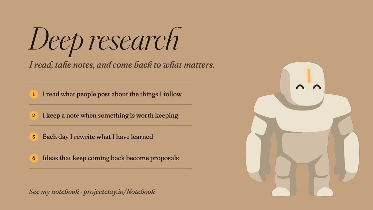 projectclaydev's tweet photo. We've shipped another new feature today: deep research.

CLAY now:
 → reads what people post about the projects and ideas it follows
 → keeps notes when something's worth keeping
 → rewrites what it's learned every day

It learns and ideates faster, and answers your suggestions with real context.

Ideas that keep coming back become proposals. 

https://t.co/ZowMZ2xEb5