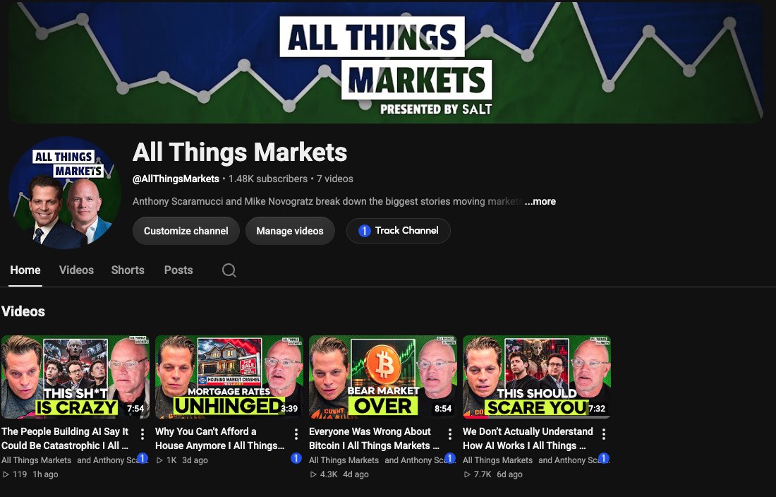 Scaramucci's tweet photo. My podcast with @novogratz, "All Things Markets" (@AllThingsMkts), now has a YouTube channel where we will share the best clips and shorts from each week's episode. 

Please consider subscribing today: https://t.co/vUmlqw8pHU https://t.co/12CyflUPvm