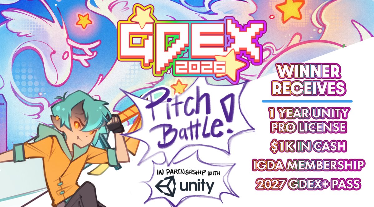 TheGDEX's tweet photo. Think you got the goods?
 
Throw your hat into the ring for the GDEX 2026 Pitch Battle. It's your chance to showcase your idea and win some prizes. 
Sign up at https://t.co/MRQxvjyYz5
 
How It Works
- You have 5 minutes to do your pitch
- You can use any slide format you'd like, as long as it's 5 minutes
- The panel judges witll have 5 minutes for questions
- Winners will be announced that day
-Prizes will be distributed after GDEX 2026

NOTE: Your projects cannot use generative AI to create code, images, art assets, etc.
 
What Do You Need?
- Have a GDEX 2026 Exhibitor pass or GDEX+/GDEX+ Pro
- Submit your application 
- A slide deck on your own laptop w/HDMI to showcase your project
- A great game and great attiude!

What Can You Win?
The winning team will receive...
- Unity Pro License for a year
- $1,000 in cash
- IGDA membership for a year for the team
- GDEX+ Pro passes for 2027

https://t.co/MRQxvjyYz5