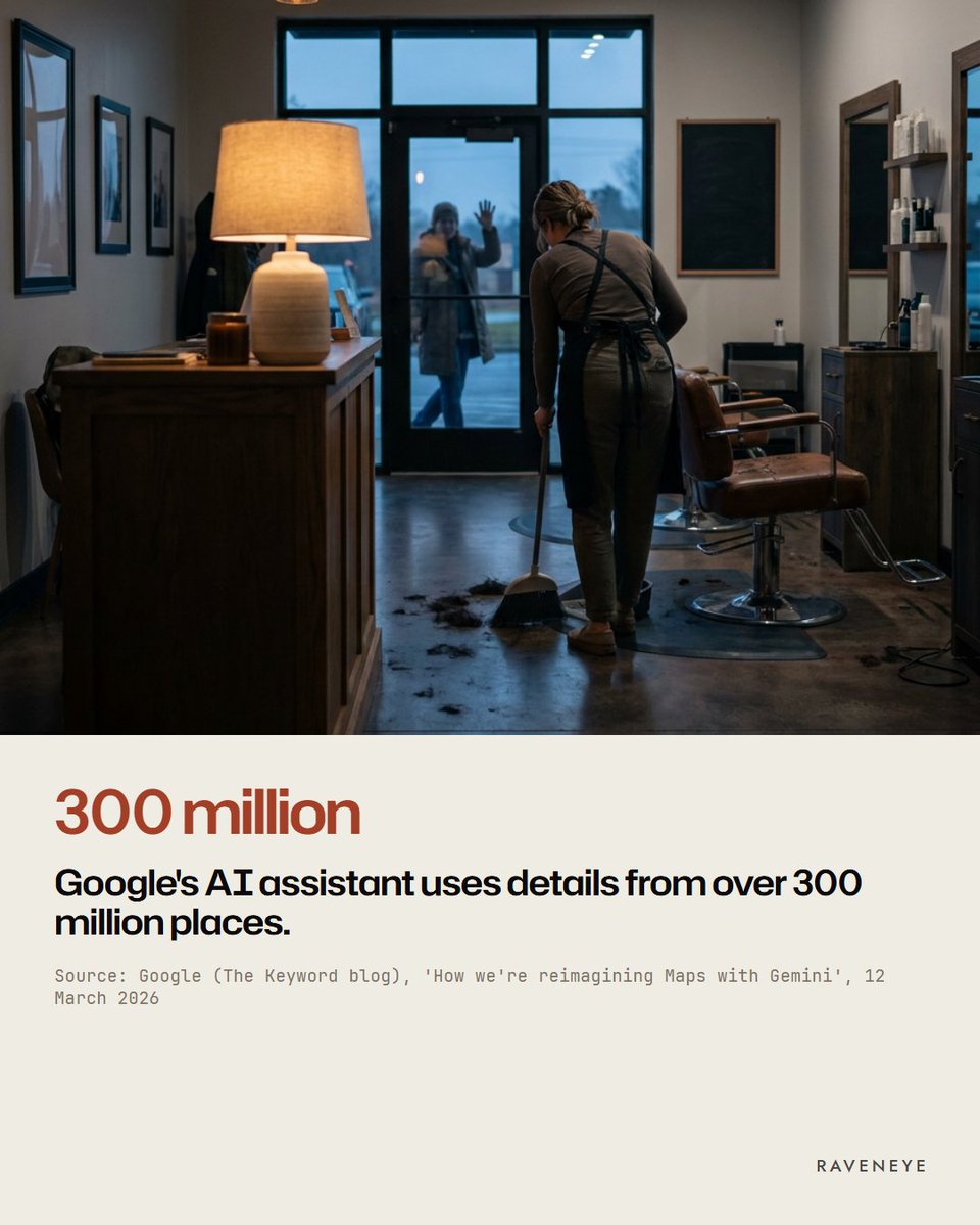 Raveneyeglobal's tweet photo. In March 2026, Google said its AI assistant for Maps analyzes information from over 300 million places.

This includes reviews from a community of more than 500 million contributors.

#localSEO https://t.co/QjivNiO6X3