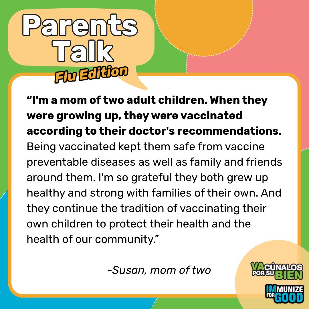 ImmunizeCO's tweet photo. Amidst all the fall festivities, make sure that flu shots are a priority for you and your family this season! In this week's Parents Talk testimonial, read why Susan, a mom of two, chooses to vaccinate her children against the flu. 

#ParentsTalk #ImmunizeForGood #Flu #AskForVax https://t.co/gXvzlCTn5V
