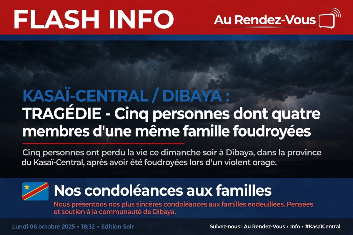 ntumbawiva's tweet photo. Kasaï-Central : cinq personnes dont quatre membres d’une même famille foudroyées à Dibaya
*Wiva tv* https://t.co/KjLR6LnvzT