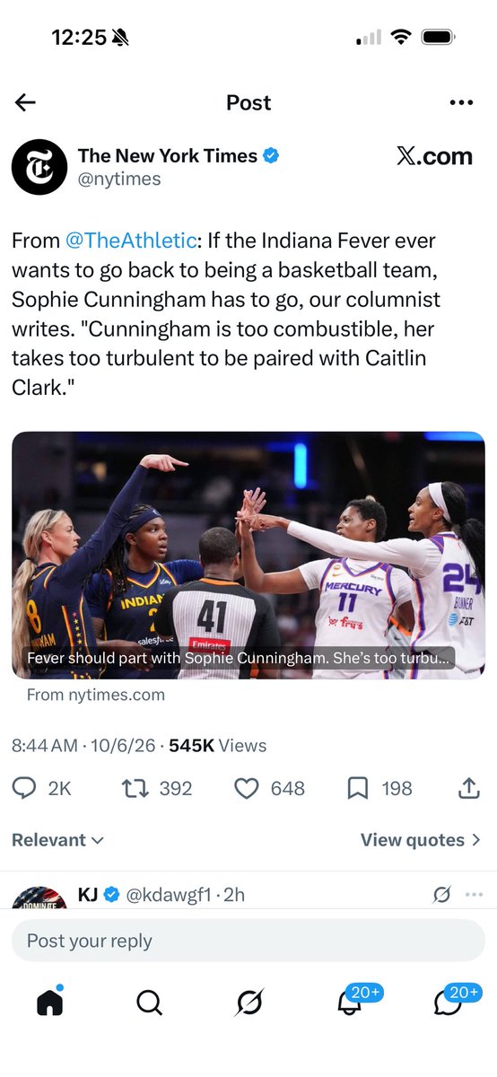 ClayTravis's tweet photo. Sophie Cunningham must be let go by the Indiana Fever because her takes are too controversial per @TheAthletic. Yes, her take of men shouldn’t be in women’s sports requires her to be fired per @nytimes. https://t.co/nMZYGQAirC