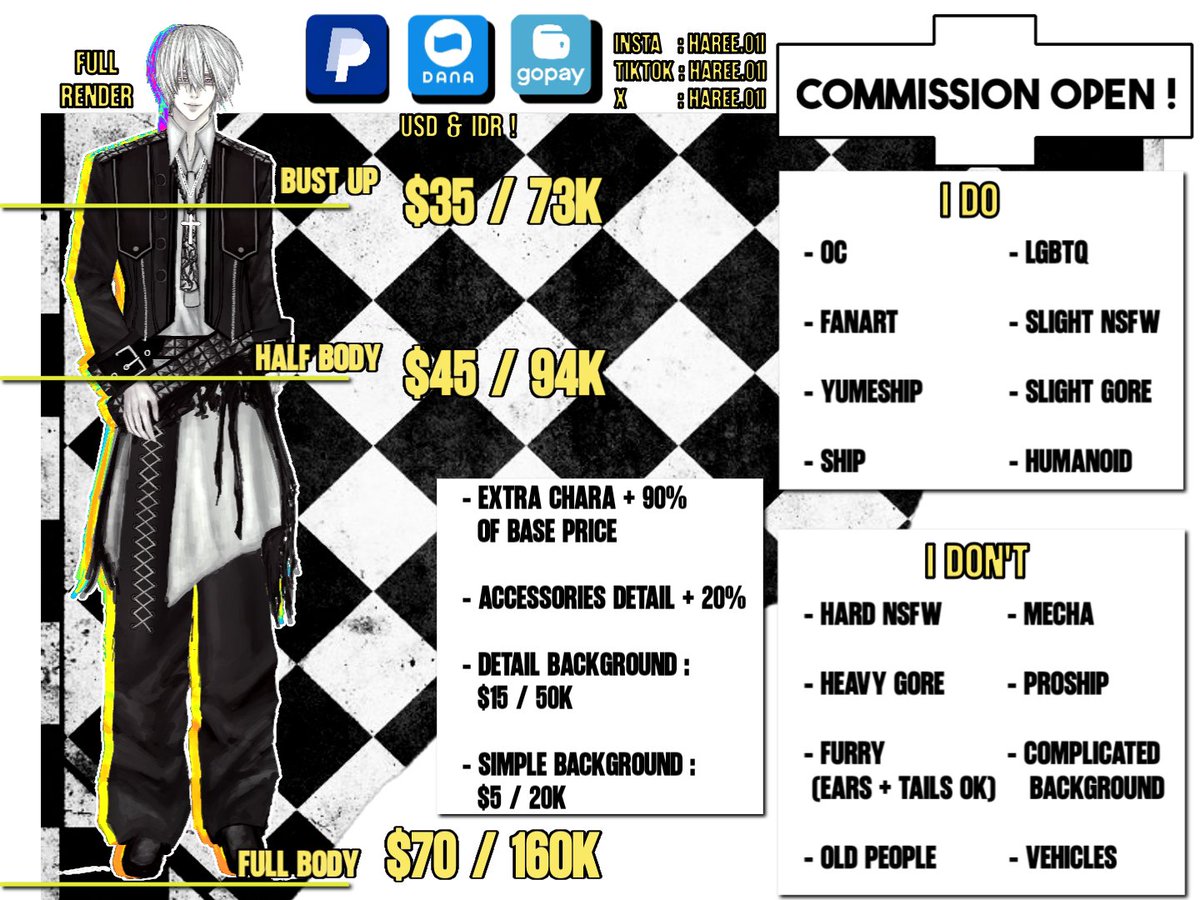 Haree01i's tweet photo. 🎨 COMMISSIONS OPEN!!

currently taking commission requests ;D
if you're interested, just dm me or order through VGen!

Payment:
• International — PayPal / VGen
• Indonesia — QRIS / DANA / GoPay

You can also check my VGen for more details 🫶

#VgenComm  #Vgencommission #art https://t.co/gi9CIAtDZe