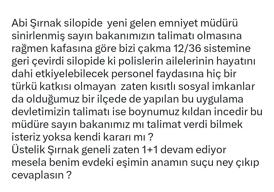 bombacimlym5's tweet photo. KANUNLA OLMAZSA OLACAĞI BUDUR...

Şırnak, Samsun, Bolu vs vs sırayla orjinal 12/ 36 yı bozmaya başladılar şimdiden...

Bunun kısa süreliğine olması yönünde ne gerekiyorsa yapacağız KOLLUK-DER olarak...
@sirnakemniyet @SamsunEmniyeti @BoluEmniyet https://t.co/5ScdmeKvLg