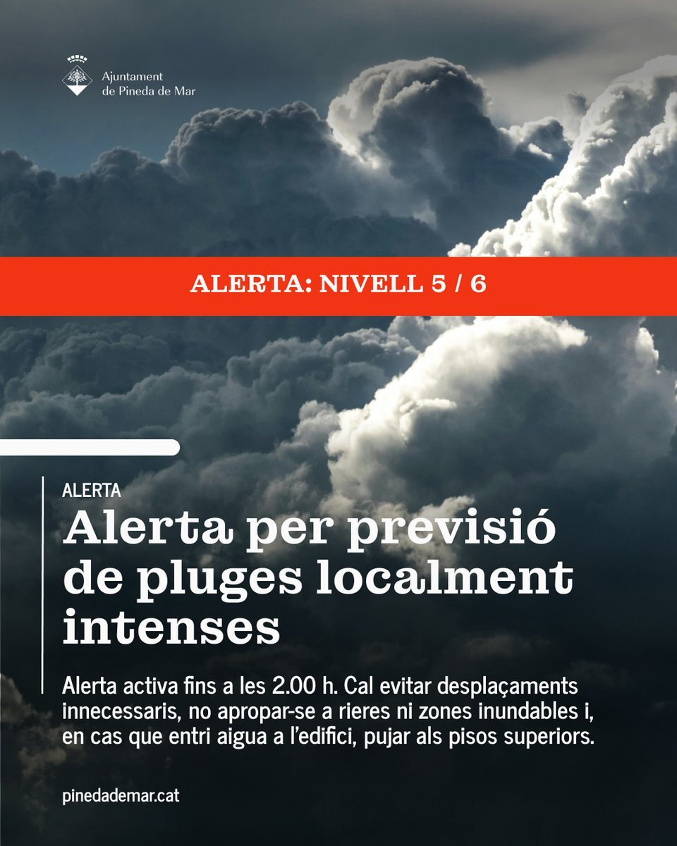 pinedademar's tweet photo. 🚨 ALERTA PER PLUGES LOCALMENT INTENSES

L’Ajuntament de Pineda de Mar informa que es manté activa l’alerta per previsió de pluges localment intenses fins a les 2.00 h.

📍 Seguiu les indicacions oficials i extremeu les precaucions. https://t.co/fvoWAwZ3Of