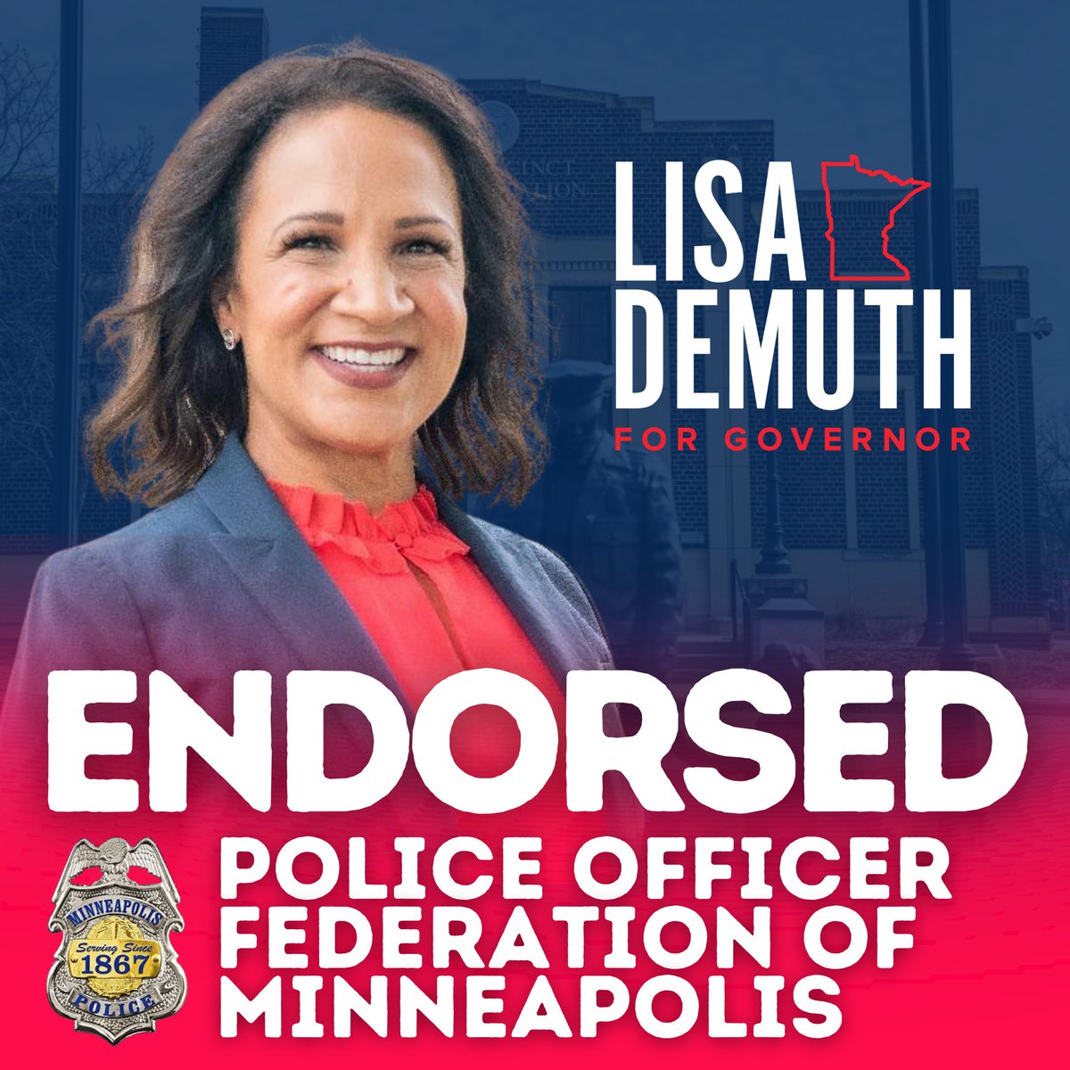 LisaDemuthMN's tweet photo. I am deeply honored to receive the endorsement of the Police Officers Federation of Minneapolis. 

As Governor, I’ll ensure that criminals are punished. Strengthening public safety will always be a top priority. I look forward to working with the federation to make Minnesota a better place to live, work and raise a family.