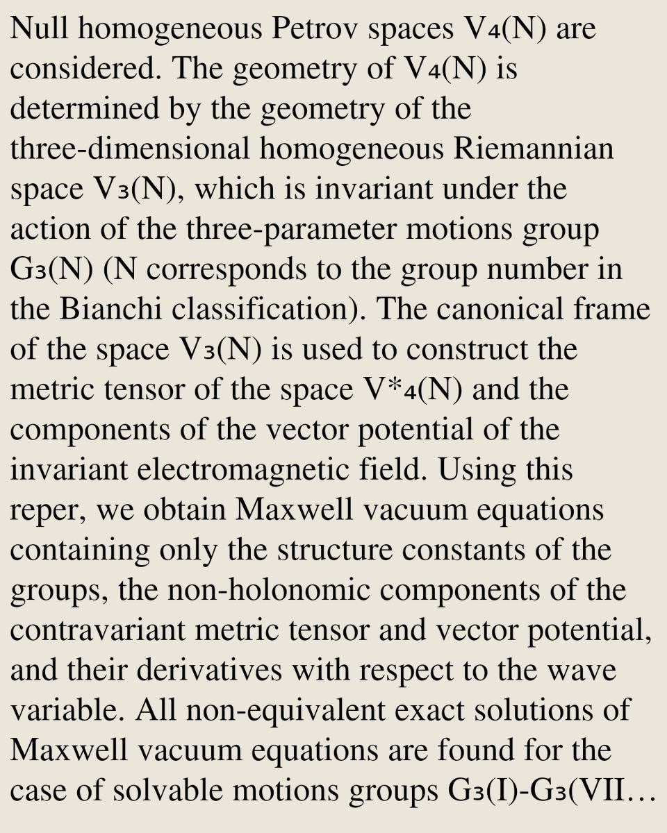 RelativityPaper's tweet photo. Exact solutions of Maxwell vacuum equations in null homogeneous Petrov spaces with solvable motions groups

V. V. Obukhov
https://t.co/II1mNkeCBQ [𝚐𝚛-𝚚𝚌] https://t.co/IymScd2HR5