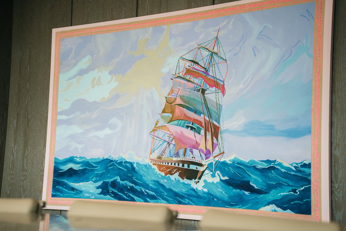 Stranddev's tweet photo. Featured in The Strand Collection, Andy Dixon's 'Large Ship Painting, 2023' portrays a classical maritime subject rendered in candy-coloured pinks, blues, and greens, taking a traditional scene and turning it into a modern spectacle: https://t.co/K7ACkCIMiI https://t.co/ACppAeiZap
